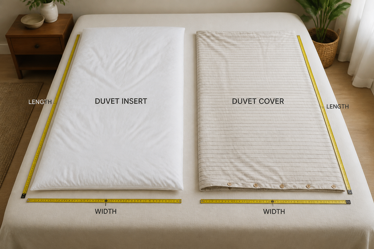 Duvet insert and duvet cover laid flat with a measuring tape showing width and length
