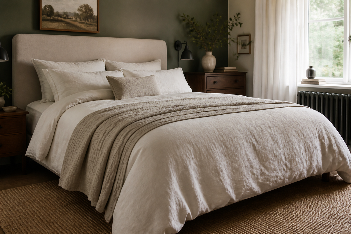 A bed dressed in natural linen bedding with pillowcases and a lightweight blanket in a bright bedroom.