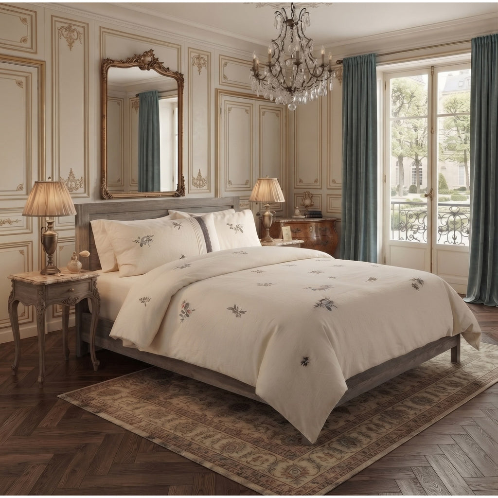 A classic bedroom scene featuring a bed dressed in an off-white embroidered bedding set with delicate floral motifs. The room is styled in a traditional French chateau aesthetic with beige paneled walls, a large ornate gold mirror, matching teal curtains, and a patterned rug.