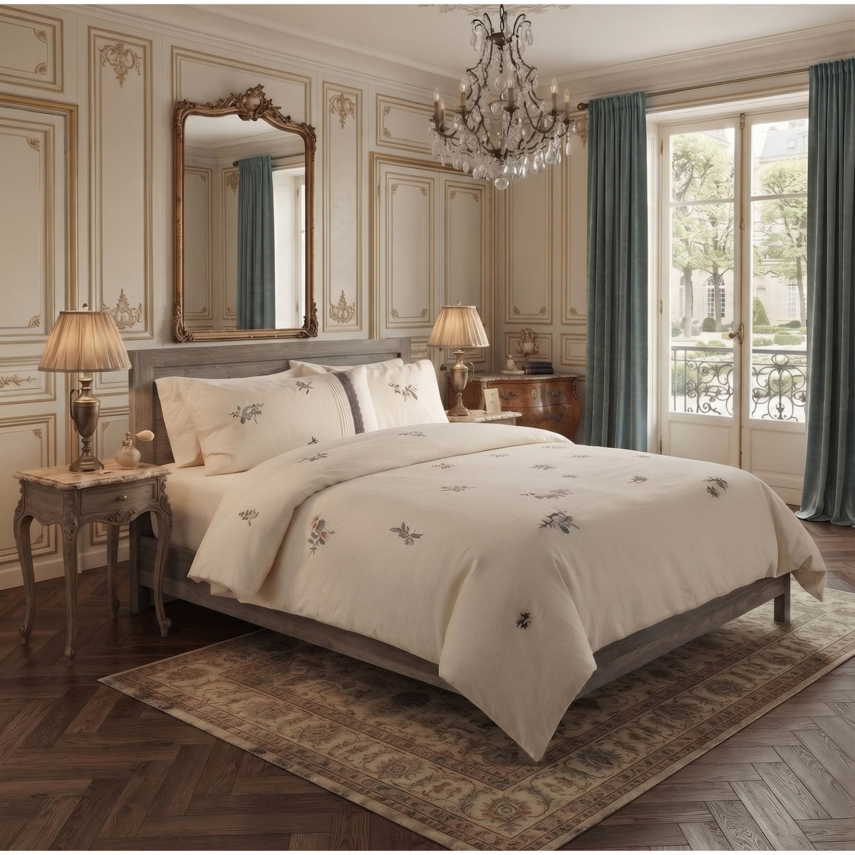 A classic bedroom scene featuring a bed dressed in an off-white embroidered bedding set with delicate floral motifs. The room is styled in a traditional French chateau aesthetic with beige paneled walls, a large ornate gold mirror, matching teal curtains, and a patterned rug.