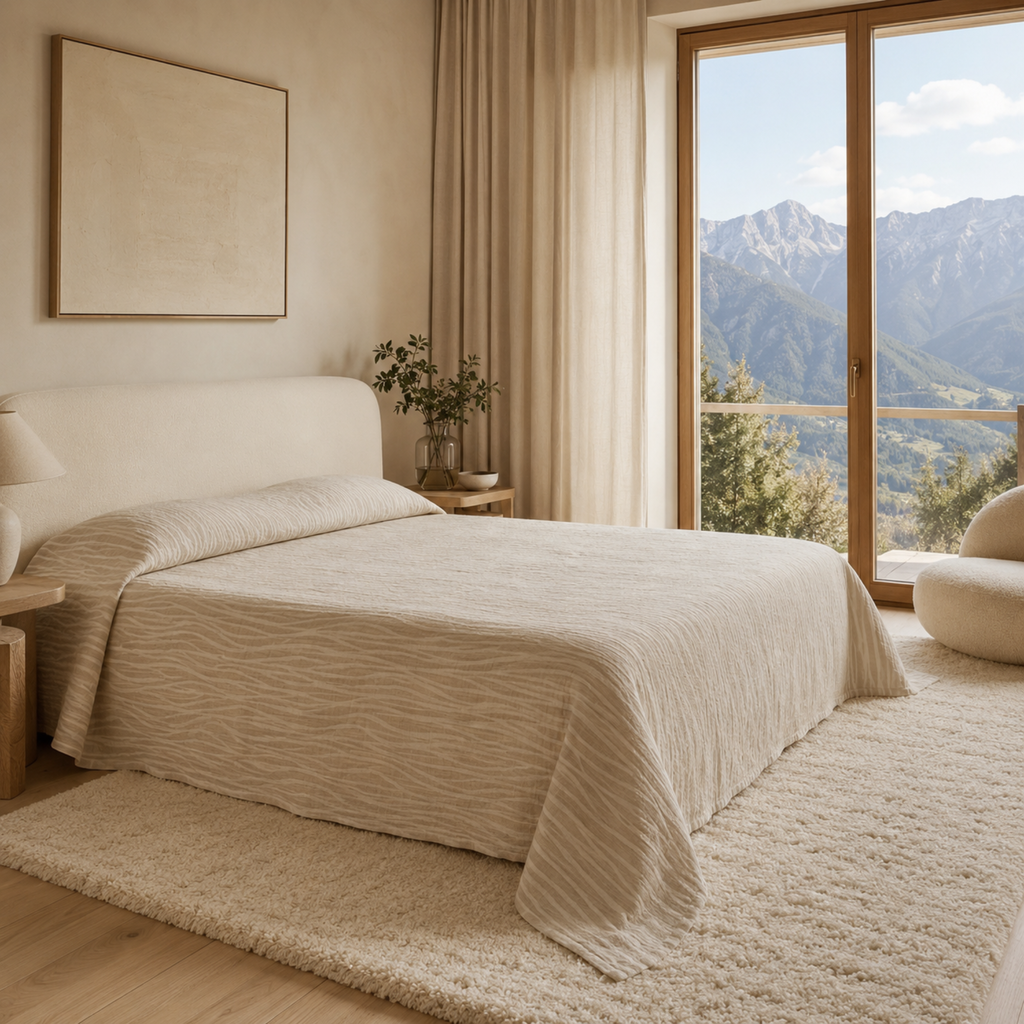 Minimalist Beige Throw Blanket - Soft Textured Cotton Linen Coverlet