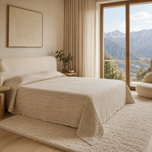 Modern bedroom with a large bed, window, and mountain view.