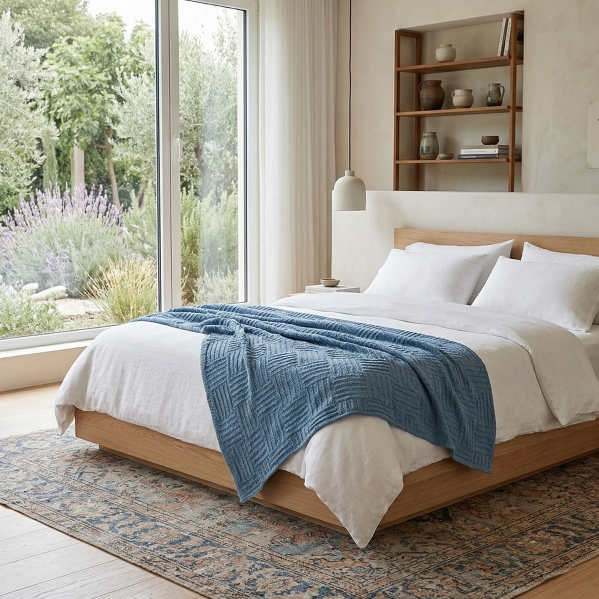Dusty Blue Waffle Cotton Throw Blanket for Couch and Bed