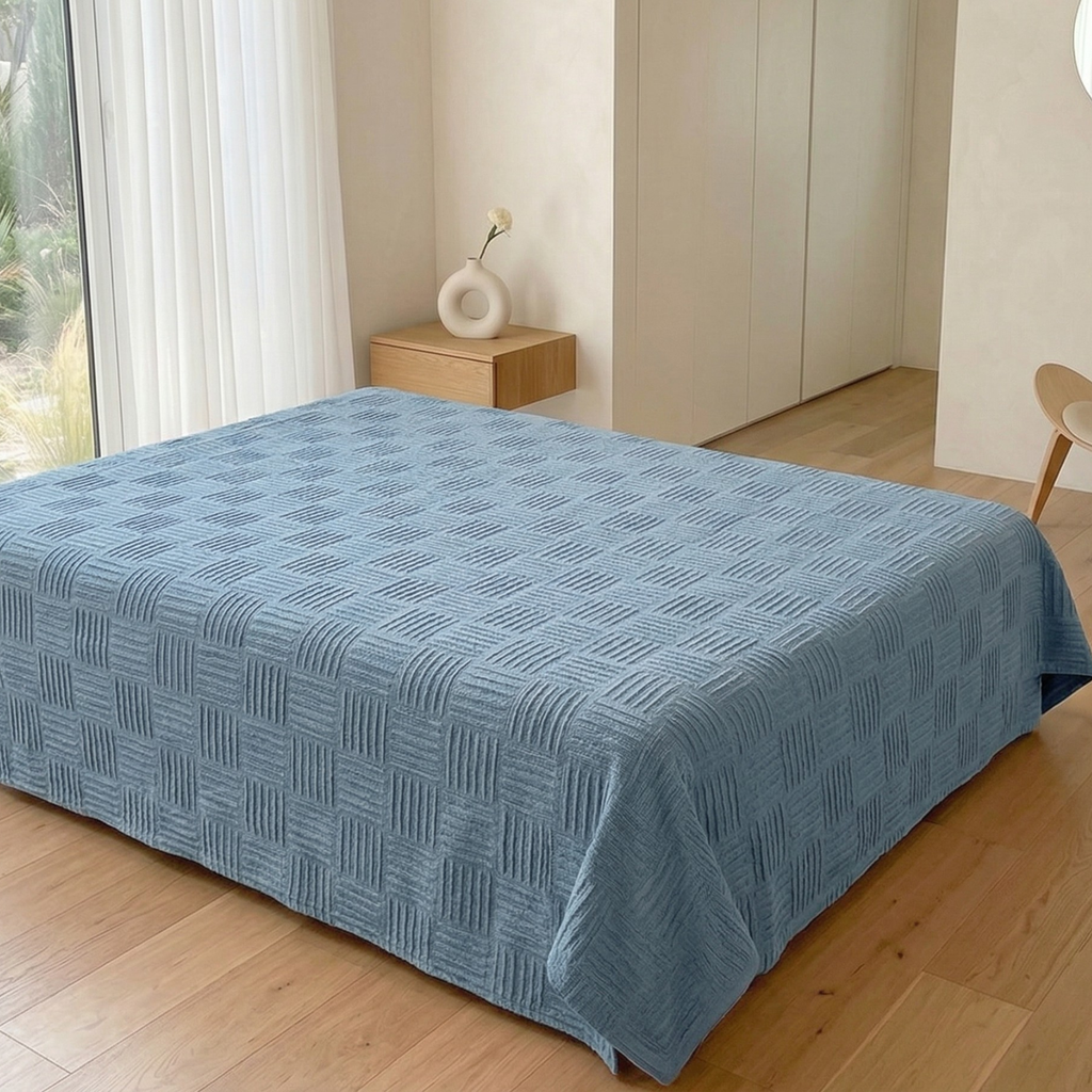 Dusty Blue Waffle Cotton Throw Blanket for Couch and Bed
