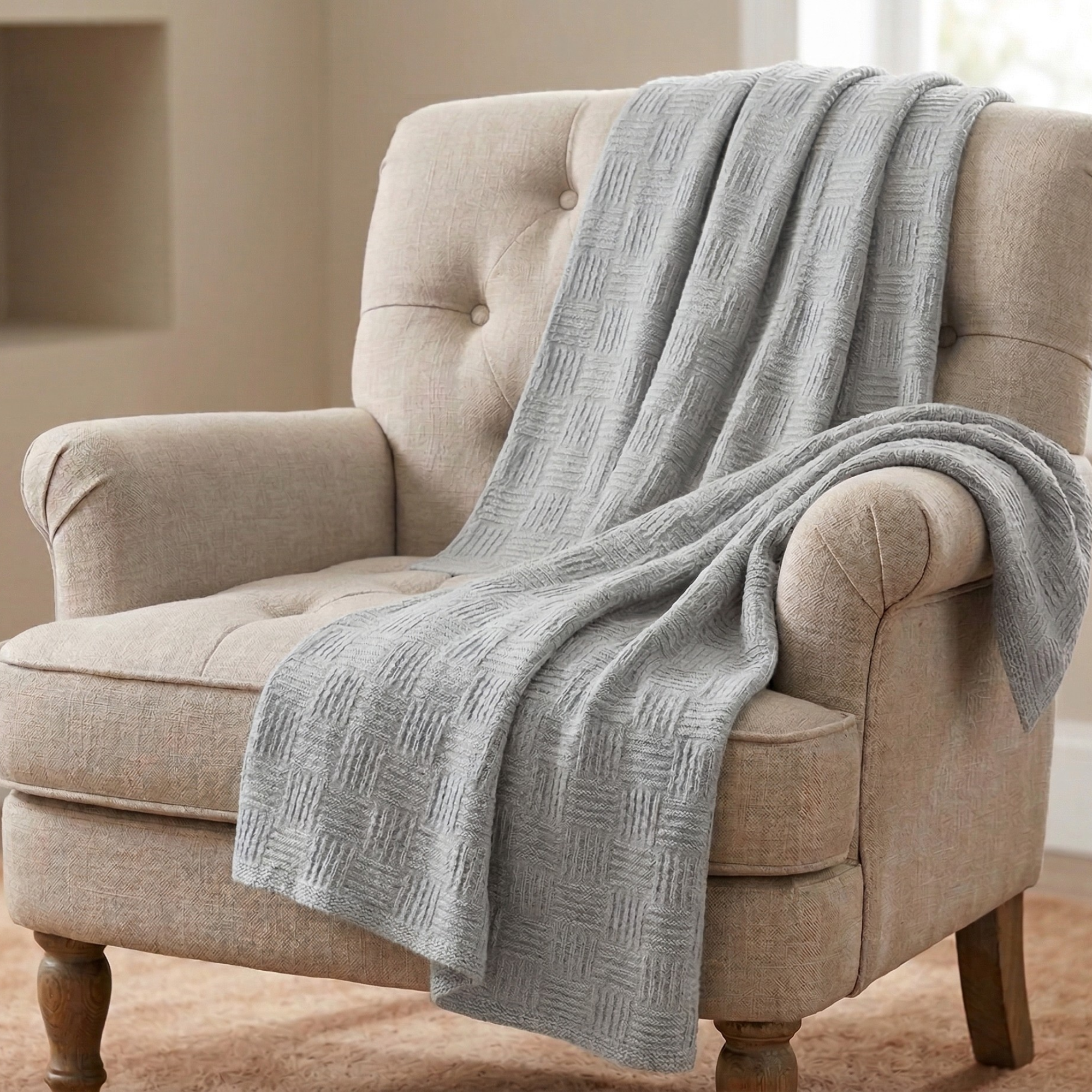 Dusty Blue Waffle Cotton Throw Blanket for Couch and Bed