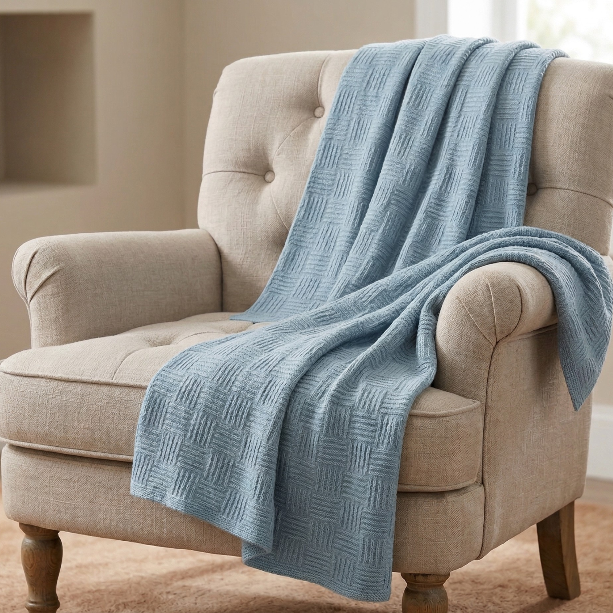 Dusty Blue Waffle Cotton Throw Blanket for Couch and Bed