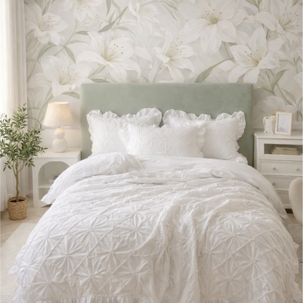White  Cotton Bedding Set | Ruffled Duvet Cover, Princess Style