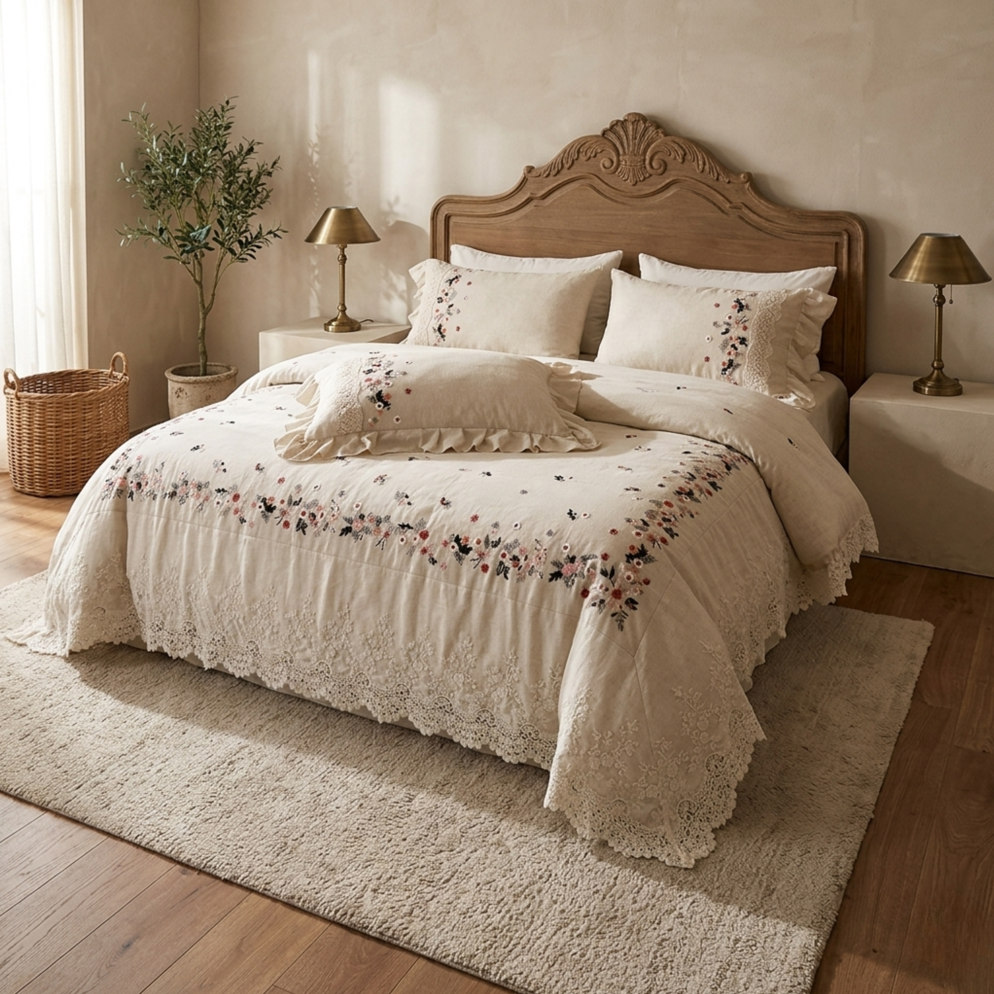 Embroidered Linen Cotton Duvet Cover Set, Vintage Lace Bedding, Floral Farmhouse Bedroom Decor