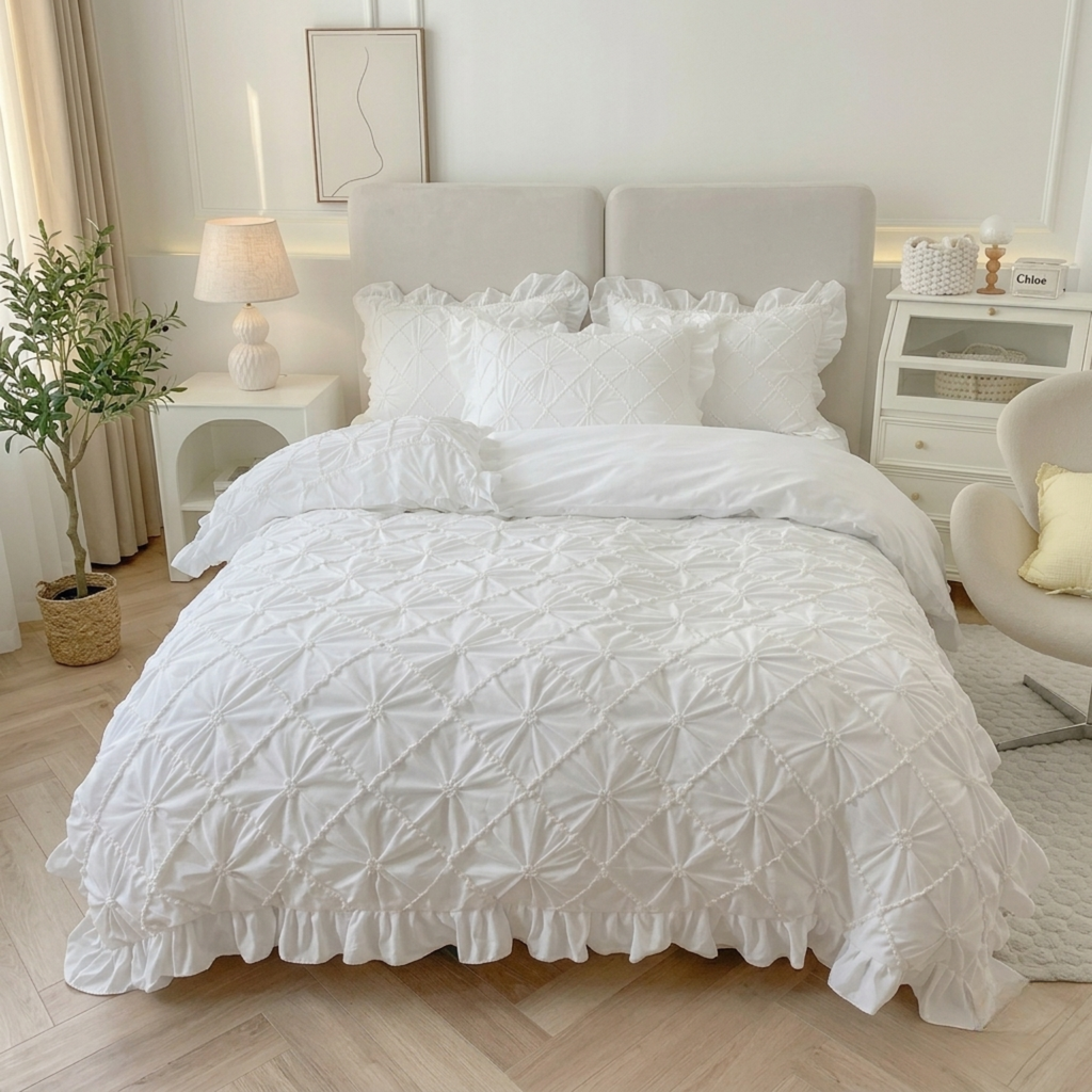 White  Cotton Bedding Set | Ruffled Duvet Cover, Princess Style