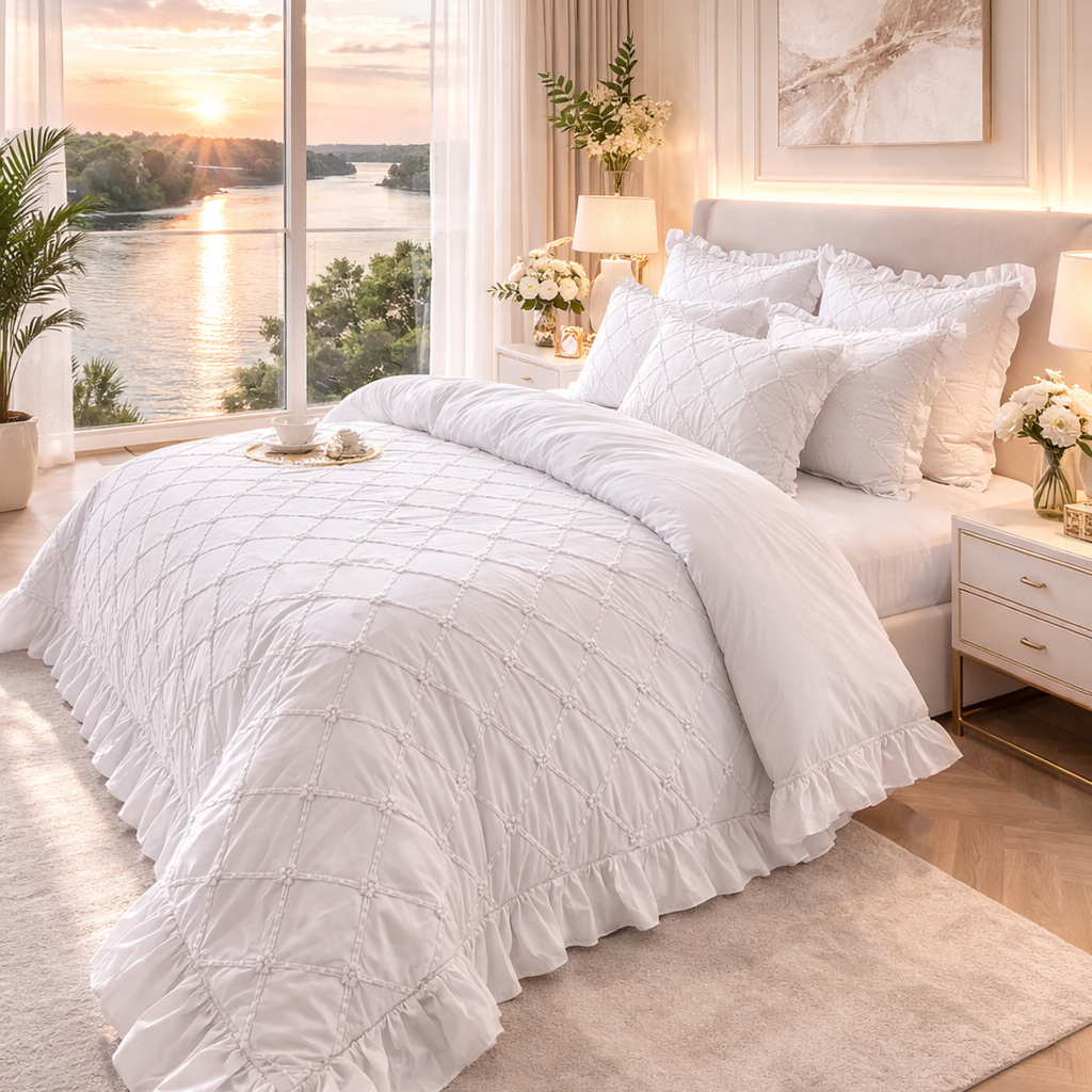 White  Cotton Bedding Set | Ruffled Duvet Cover, Princess Style