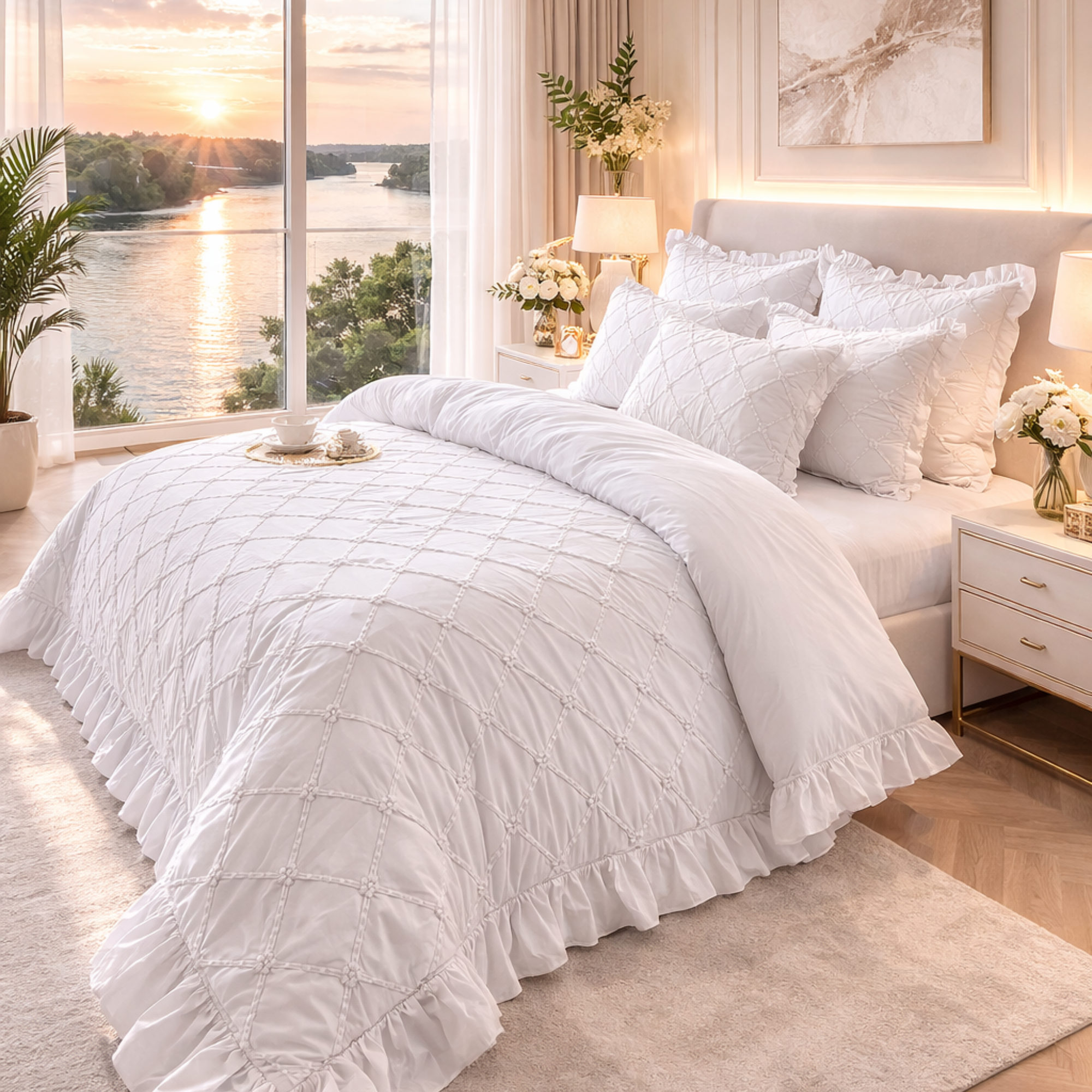 White  Cotton Bedding Set | Ruffled Duvet Cover, Princess Style