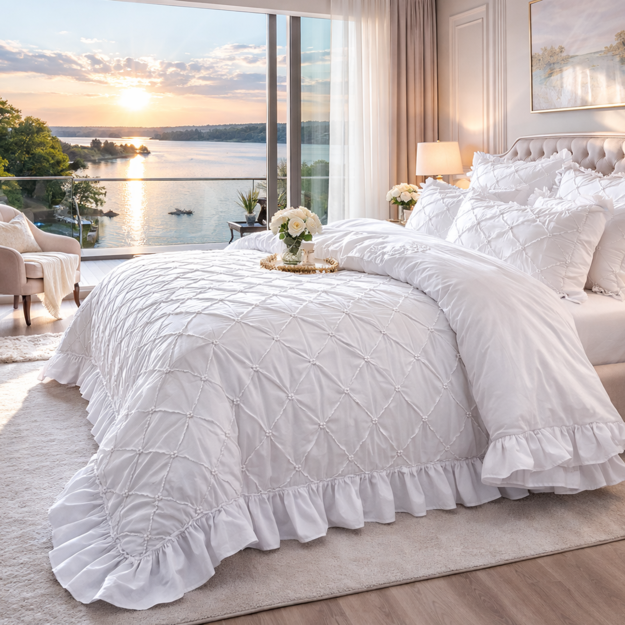 White  Cotton Bedding Set | Ruffled Duvet Cover, Princess Style