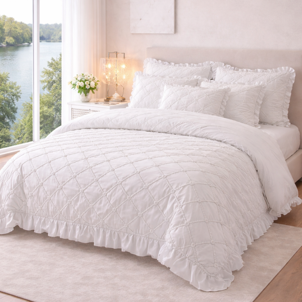 White  Cotton Bedding Set | Ruffled Duvet Cover, Princess Style