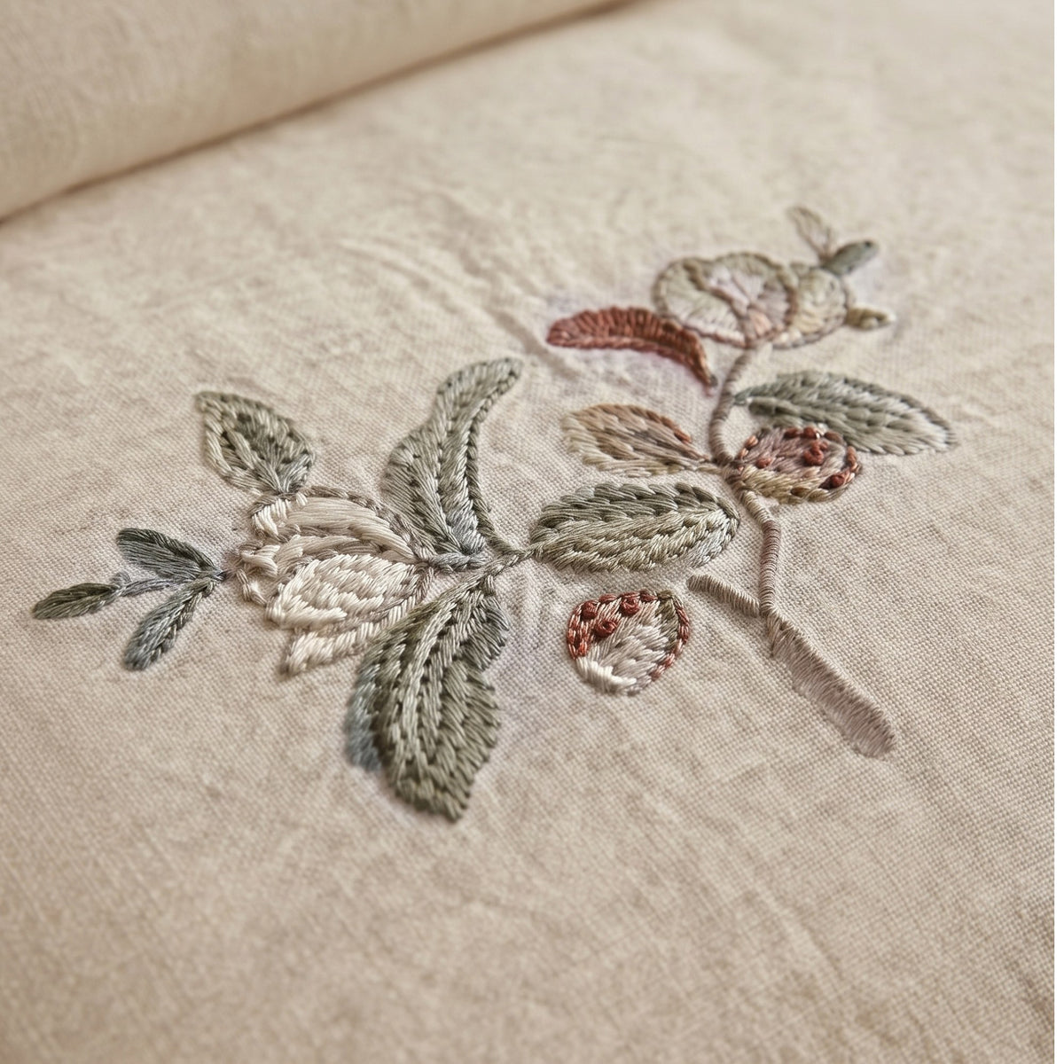 Close-up of a beige fabric surface with delicate embroidered floral and leaf motifs in muted green, cream, and dusty rose tones.