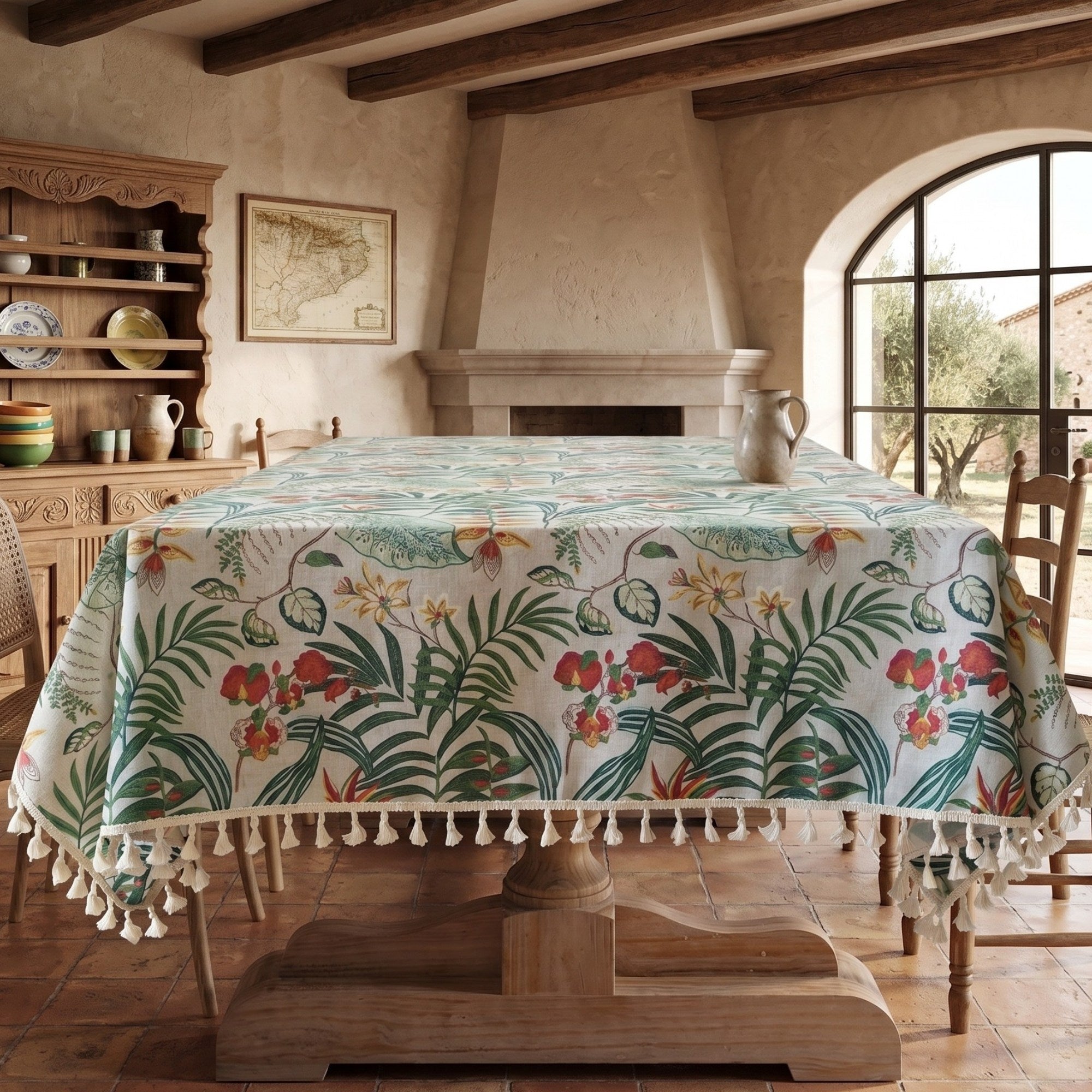 Botanical Cotton Linen Tassel Tablecloth | Boho Farmhouse Dining Table Cover