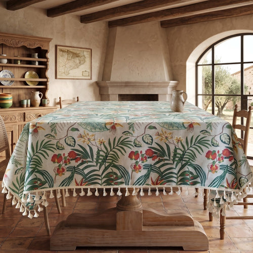 Botanical Cotton Linen Tassel Tablecloth | Boho Farmhouse Dining Table Cover