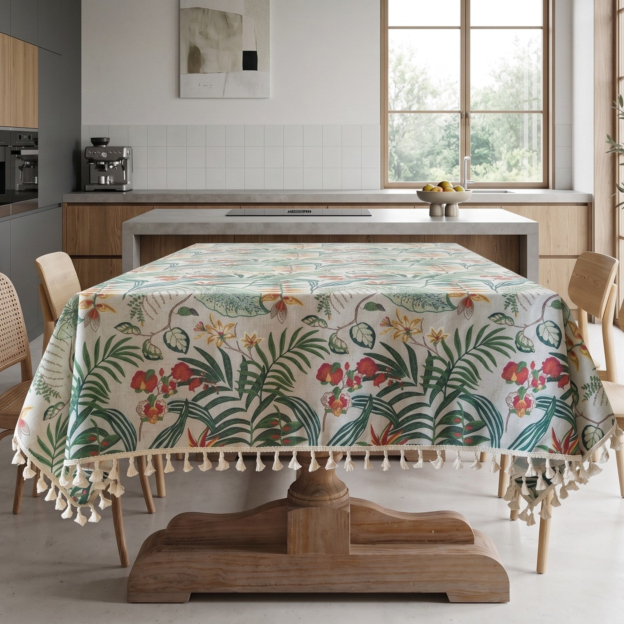 Botanical Cotton Linen Tassel Tablecloth | Boho Farmhouse Dining Table Cover