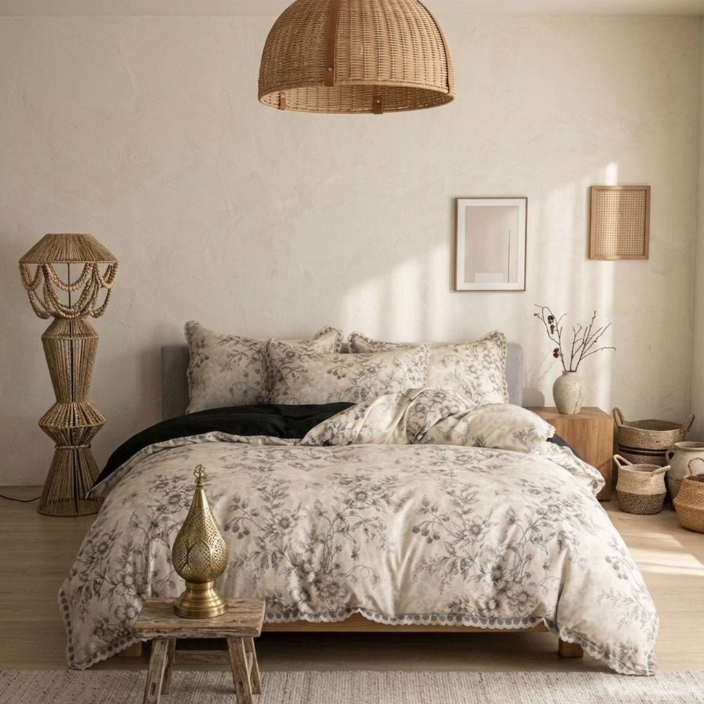 Neutral Floral Bedding Set – Airy Cottage Bedroom Style