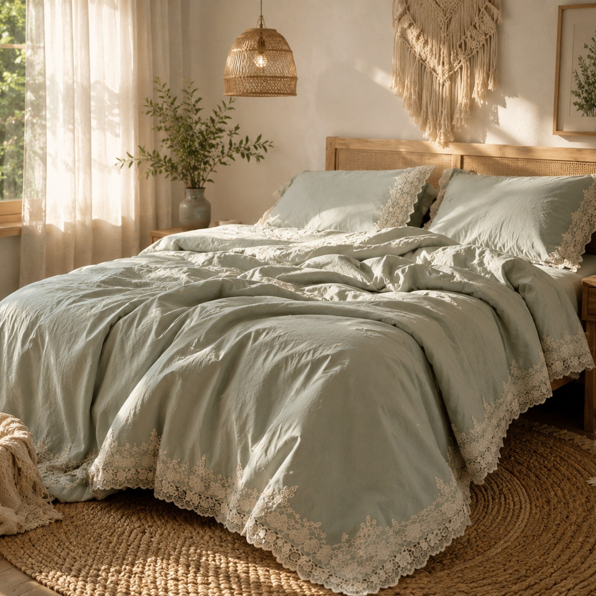 Lace Embroidered Cotton Bedding Set/ Duvet Cover, Pillowcases & Flat/ Fitted Sheet