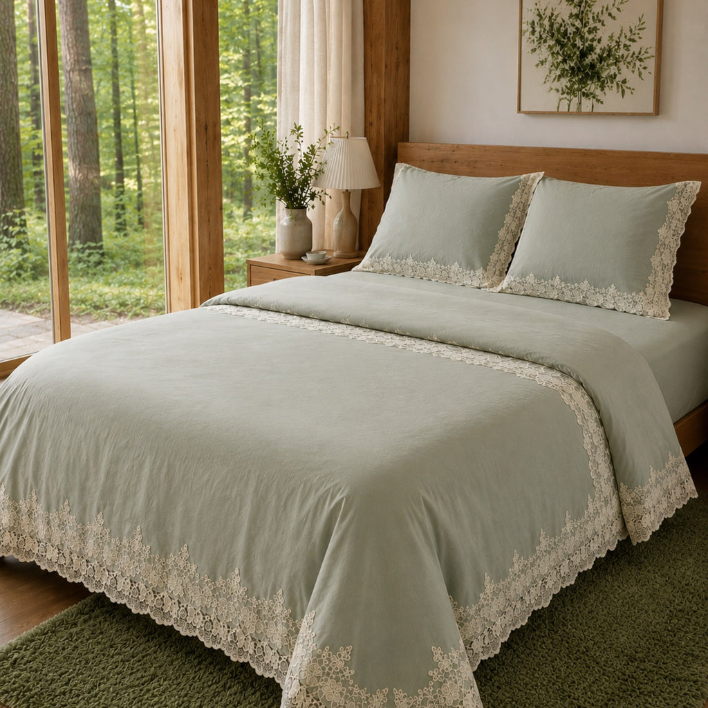Lace Embroidered Cotton Bedding Set/ Duvet Cover, Pillowcases & Flat/ Fitted Sheet
