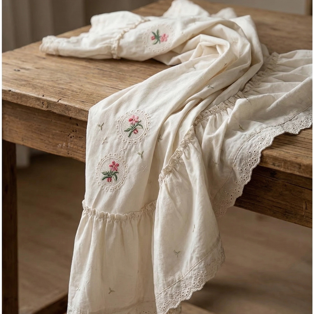 Embroidered Cotton Tablecloth with Ruffle – Romantic French Style Ivory Table Linen