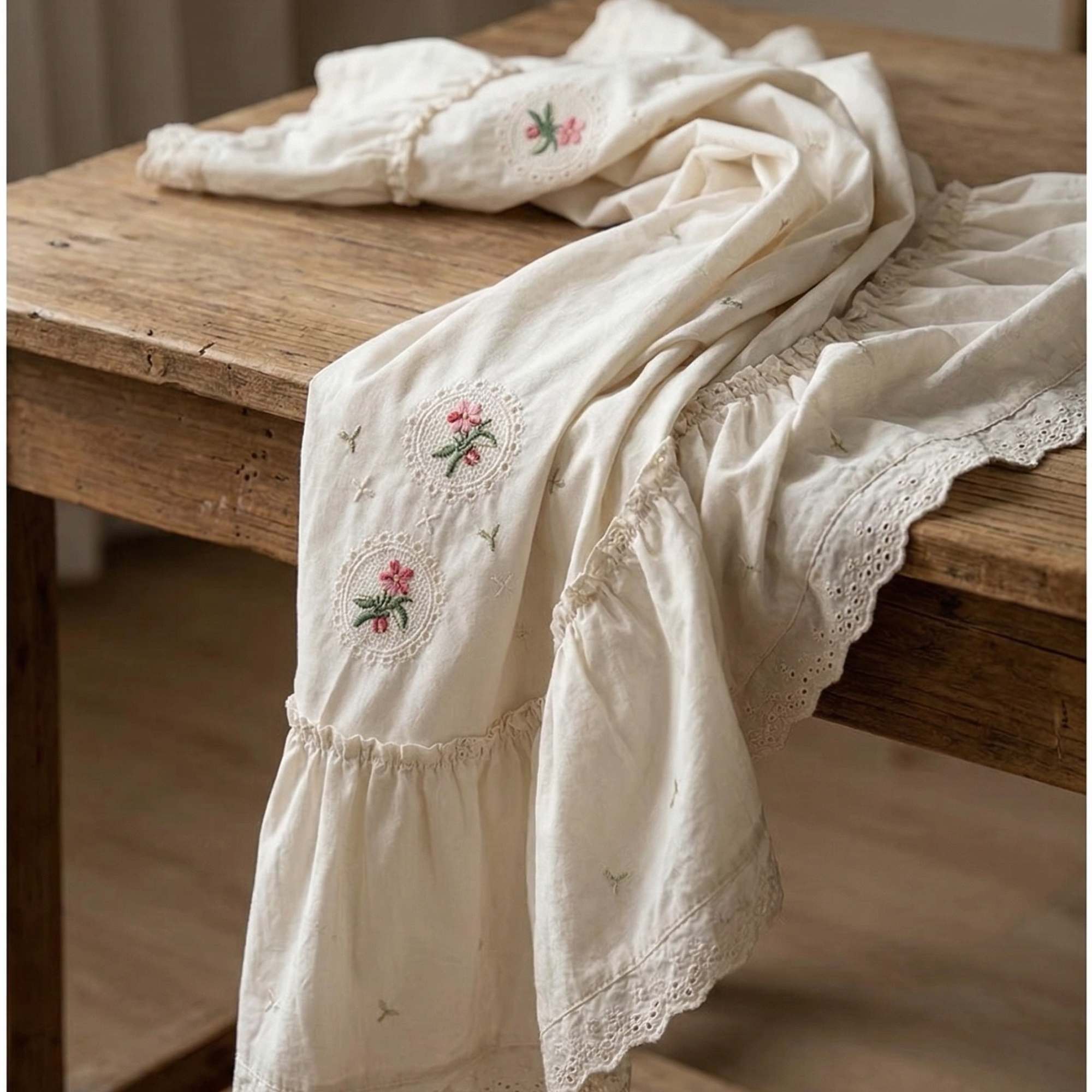 Embroidered Cotton Tablecloth with Ruffle – Romantic French Style Ivory Table Linen