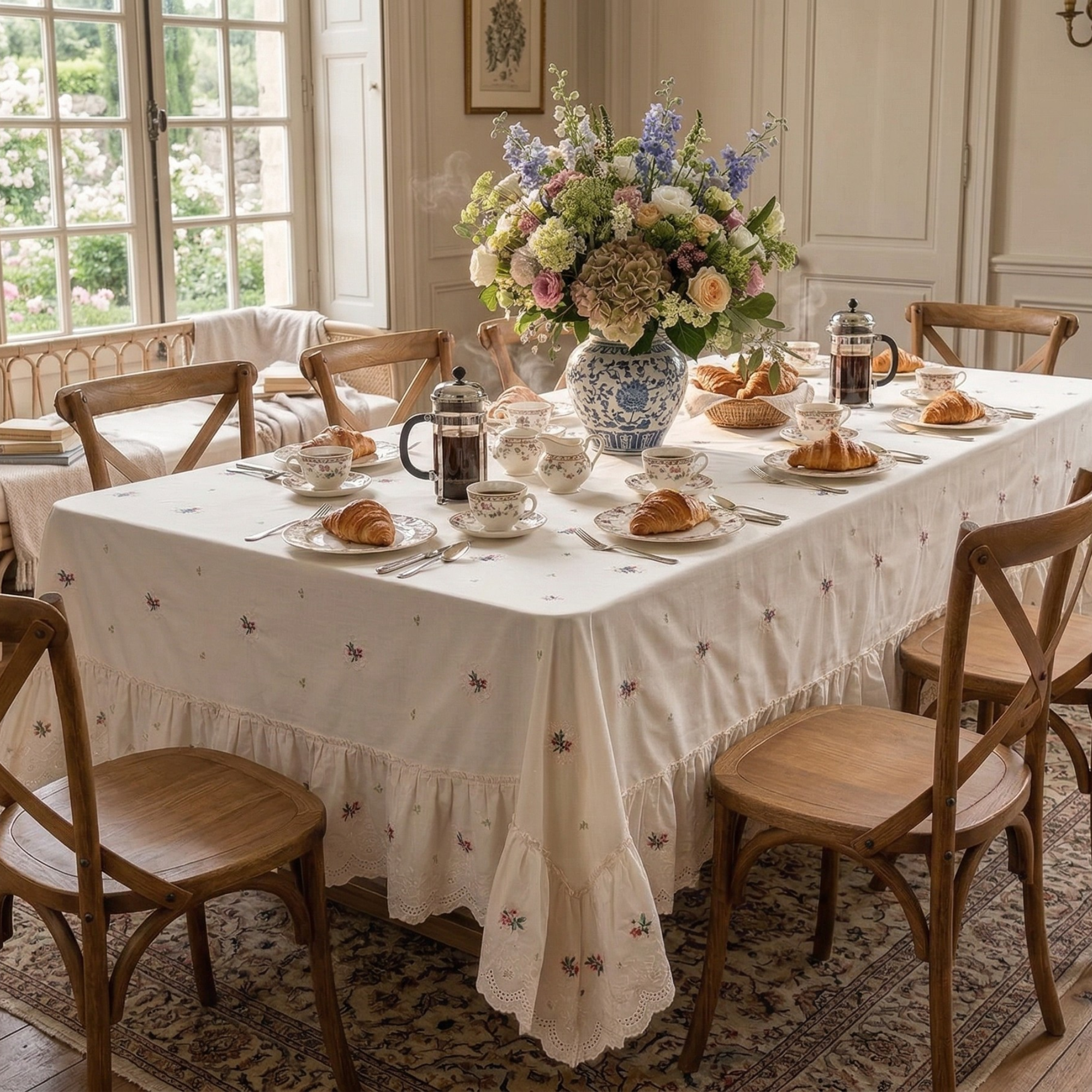 Embroidered Cotton Tablecloth with Ruffle – Romantic French Style Ivory Table Linen