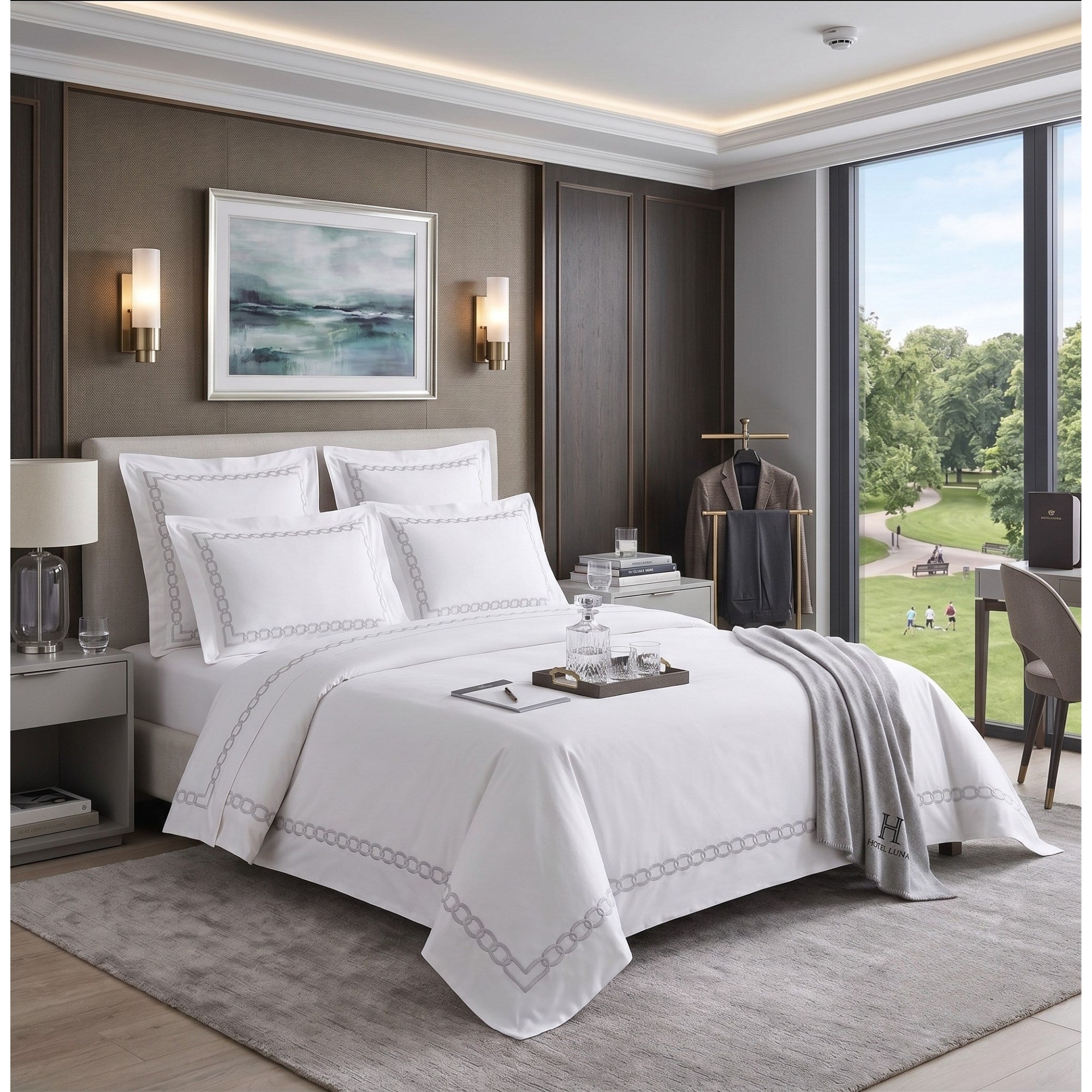 Luxury White Embroidered Cotton Bedding Set, , Hotel Style Duvet Cover Set with Flat Sheet, Elegant Bed Linen