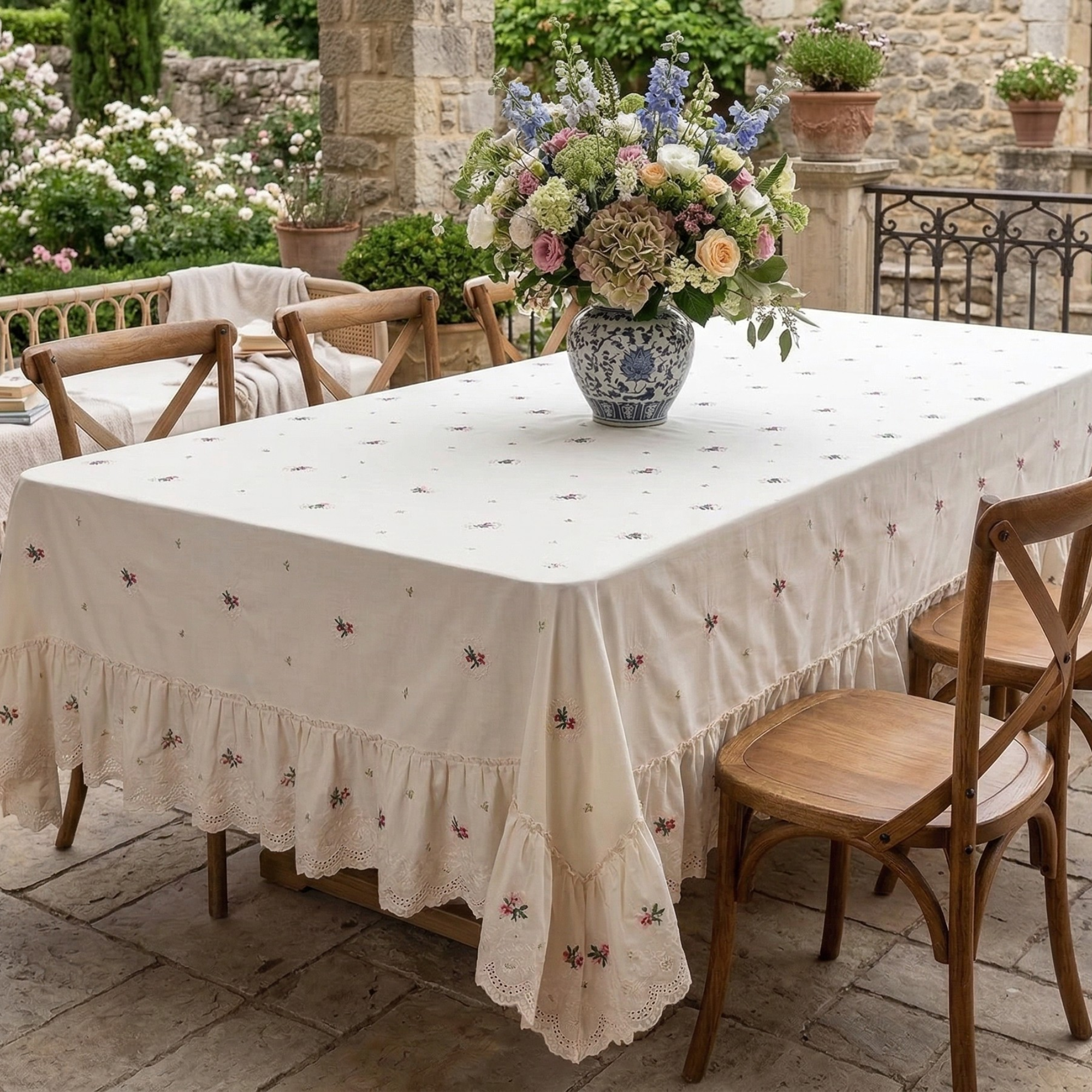 Embroidered Cotton Tablecloth with Ruffle – Romantic French Style Ivory Table Linen