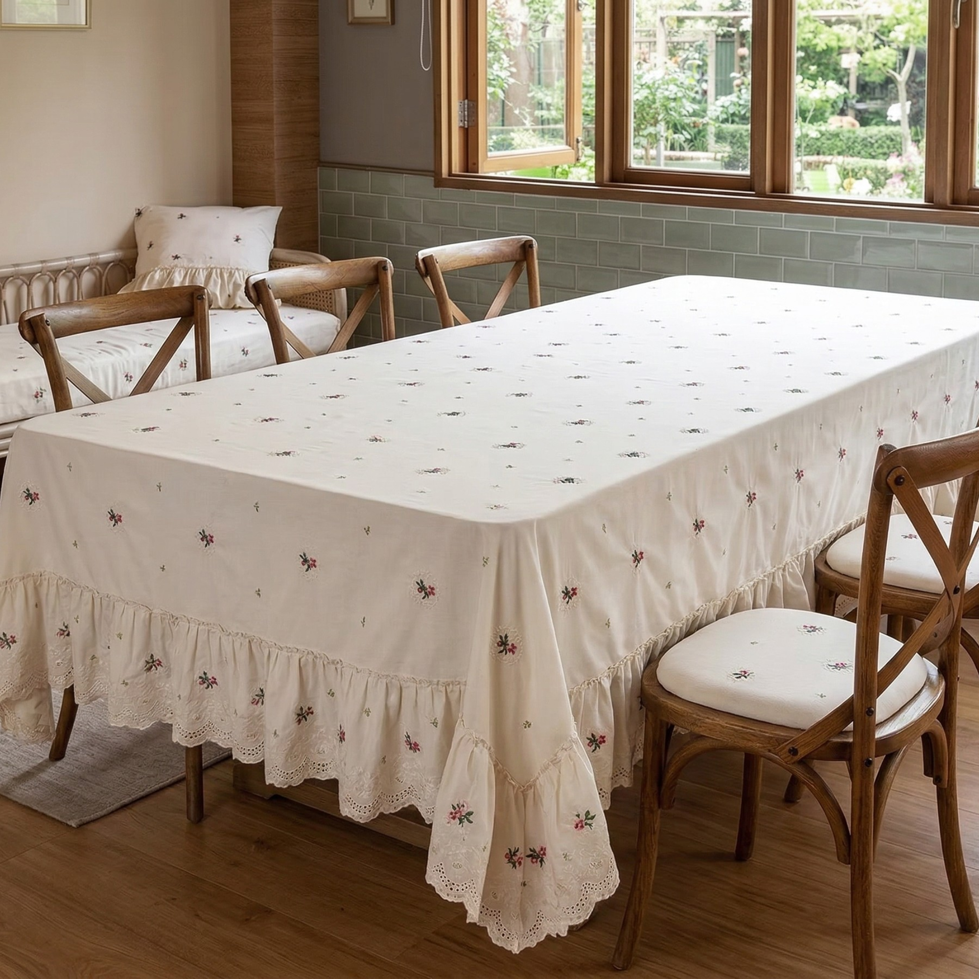 Embroidered Cotton Tablecloth with Ruffle – Romantic French Style Ivory Table Linen