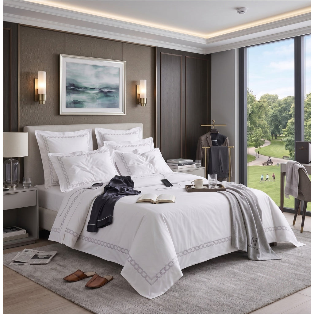 Luxury White Embroidered Cotton Bedding Set, , Hotel Style Duvet Cover Set with Flat Sheet, Elegant Bed Linen
