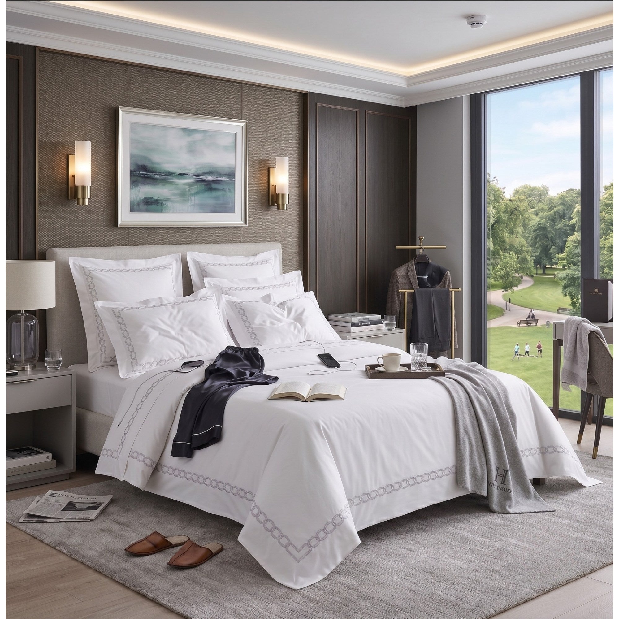 Luxury White Embroidered Cotton Bedding Set, , Hotel Style Duvet Cover Set with Flat Sheet, Elegant Bed Linen