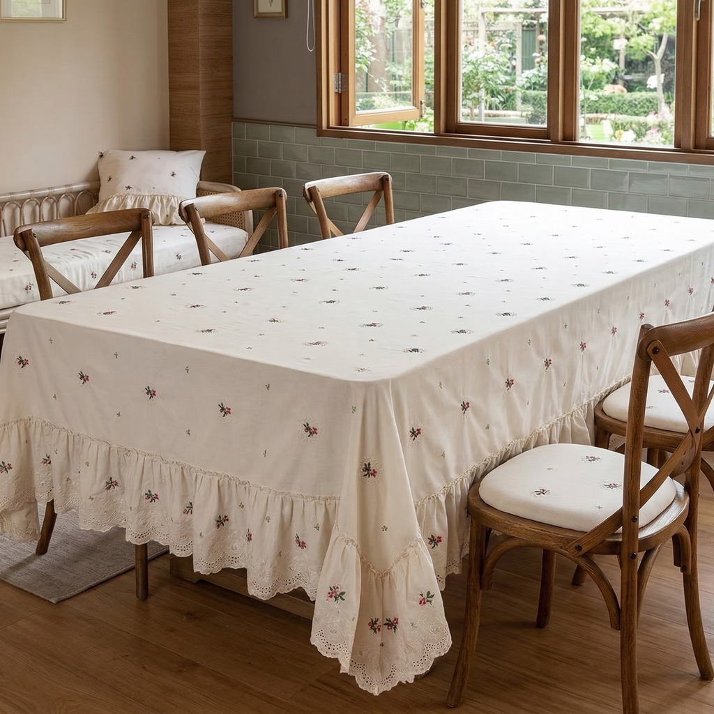 Embroidered Cotton Tablecloth with Ruffle – Romantic French Style Ivory Table Linen
