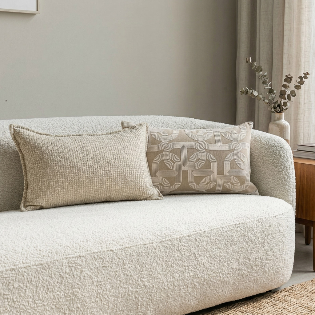 Neutral Textured Lumbar Pillow Cover – Oatmeal Beige Jacquard Cushion, Modern Minimalist Sofa Decor, 30x50 cm