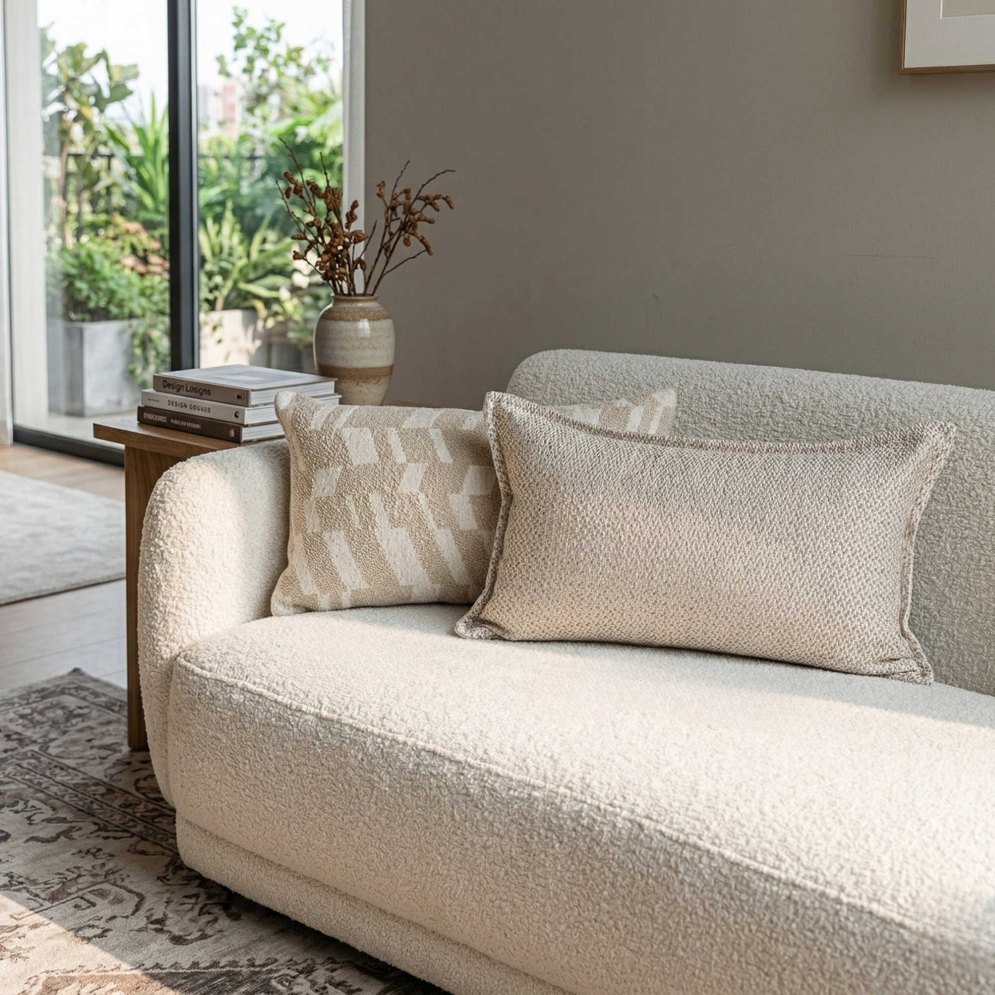 Neutral Textured Lumbar Pillow Cover – Oatmeal Beige Jacquard Cushion, Modern Minimalist Sofa Decor, 30x50 cm