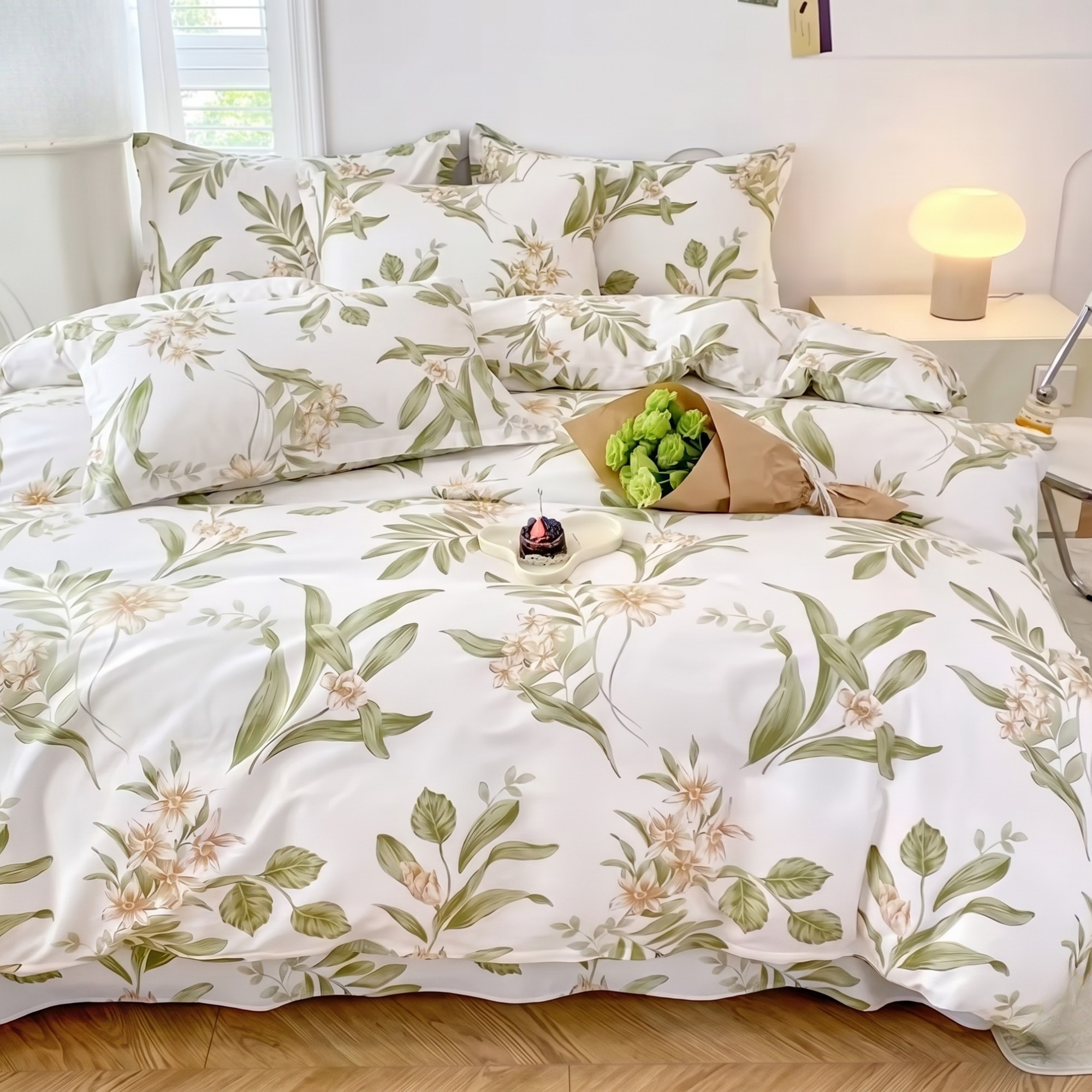 Green Floral Cotton Bedding Set | 100% Brushed Cotton Duvet Cover Set