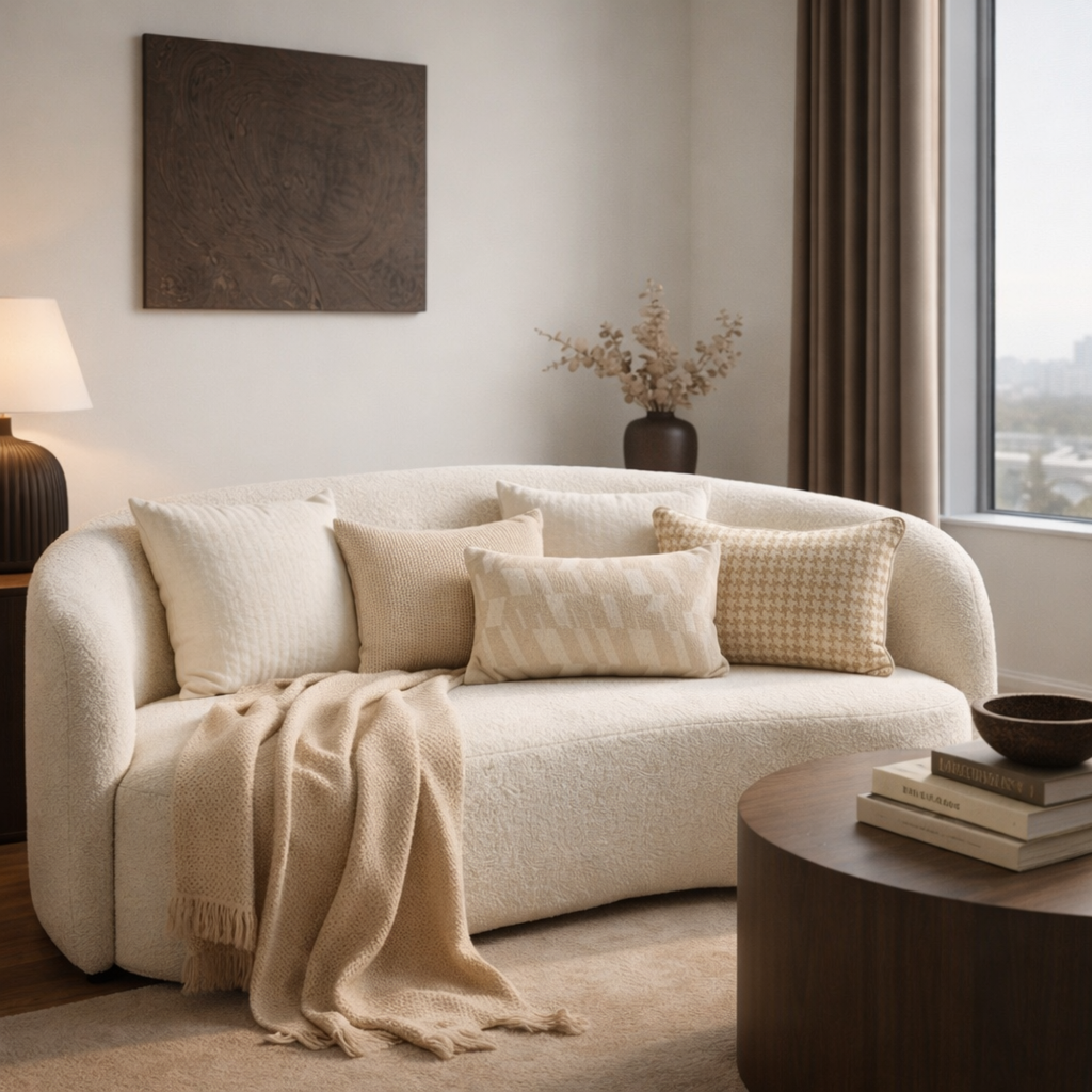 Neutral Textured Lumbar Pillow Cover – Oatmeal Beige Jacquard Cushion, Modern Minimalist Sofa Decor, 30x50 cm
