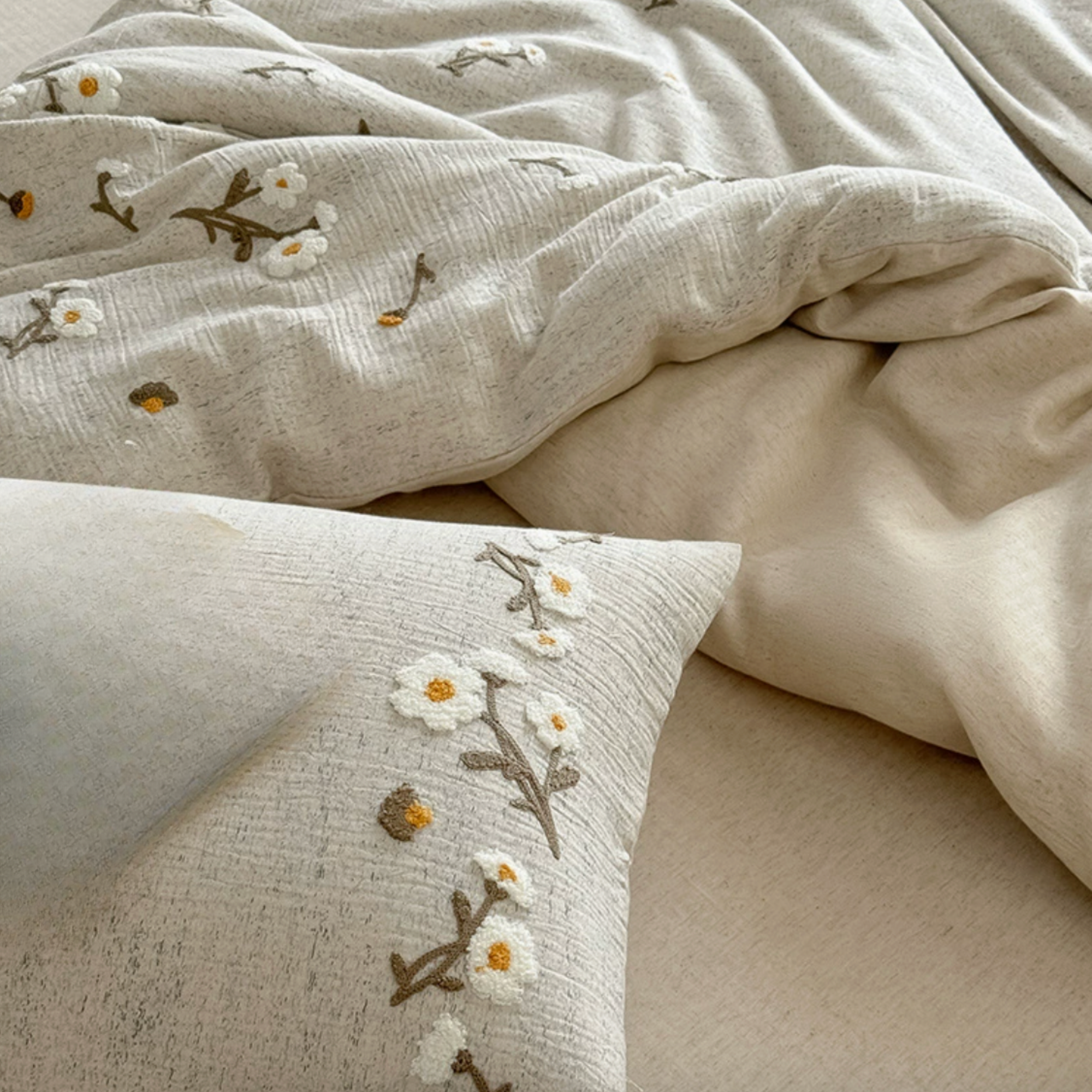 Floral Embroidered Bedding Set, Cotton Linen Duvet Cover, Sheet & Pillowcases