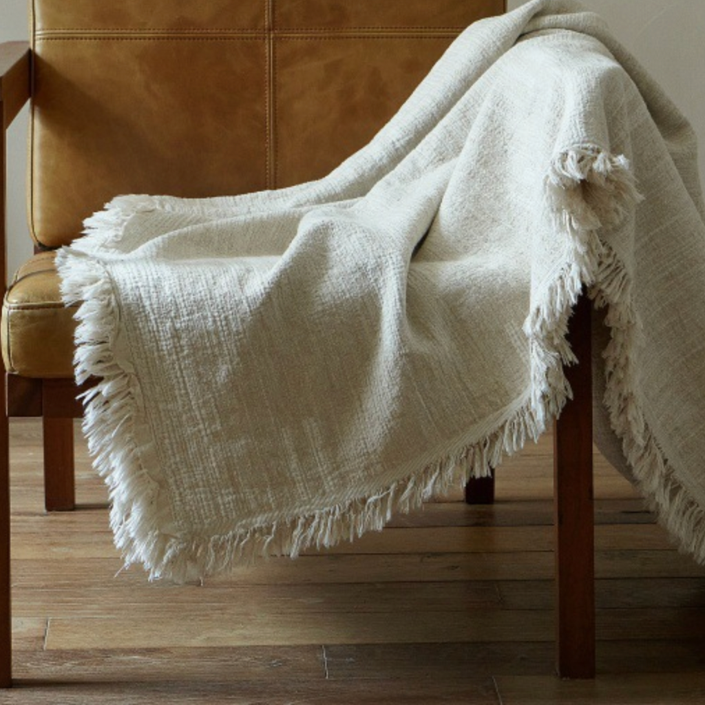 Minimalist Cotton Linen Throw Blanket – Soft Textured Greige Bed Throw