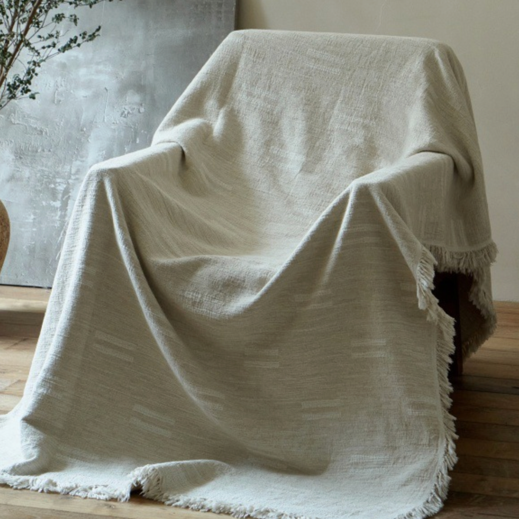 Minimalist Cotton Linen Throw Blanket – Soft Textured Greige Bed Throw