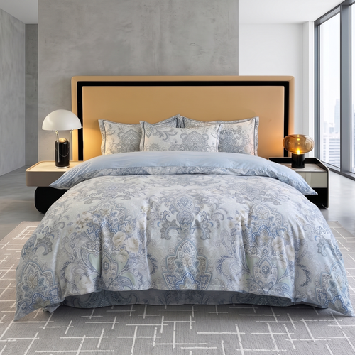 Blue Grey Floral Cotton Bedding Set – Elegant Luxury Duvet Cover & Pillowcases