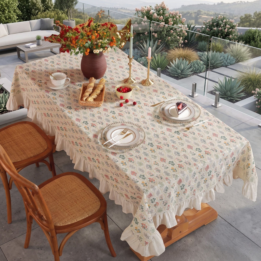 Cotton Linen Ruffle Tablecloth | Farmhouse Cottage Style Table Cover