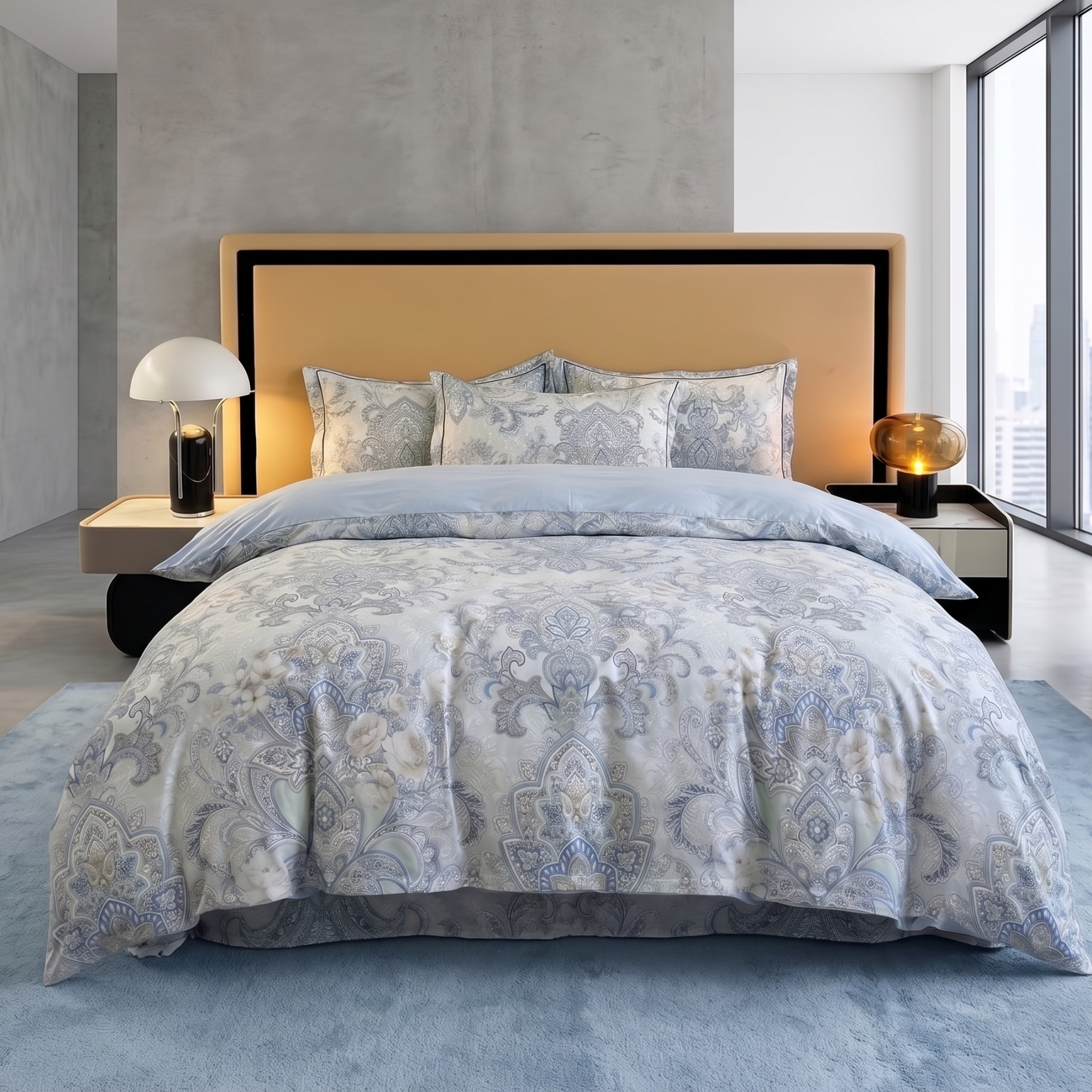 Blue Grey Floral Cotton Bedding Set – Elegant Luxury Duvet Cover & Pillowcases