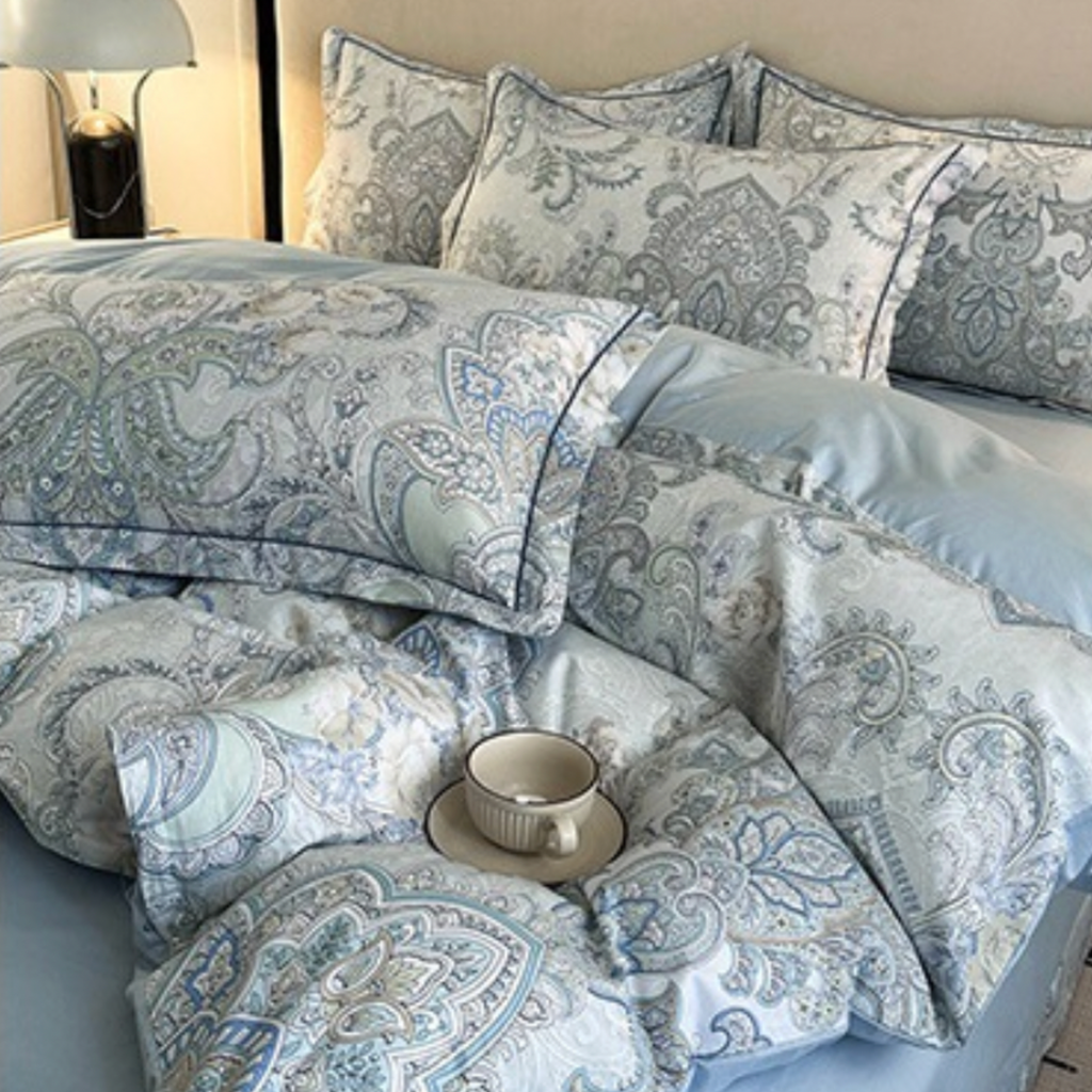 Blue Grey Floral Cotton Bedding Set – Elegant Luxury Duvet Cover & Pillowcases