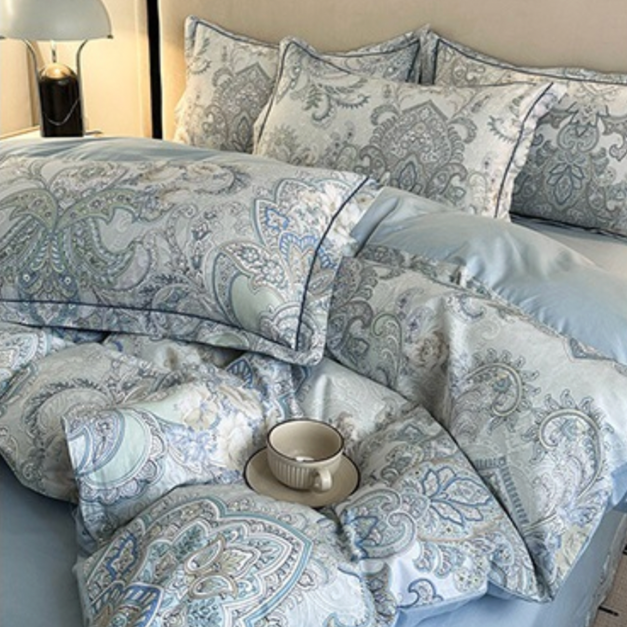 Blue Grey Floral Cotton Bedding Set – Elegant Luxury Duvet Cover & Pillowcases