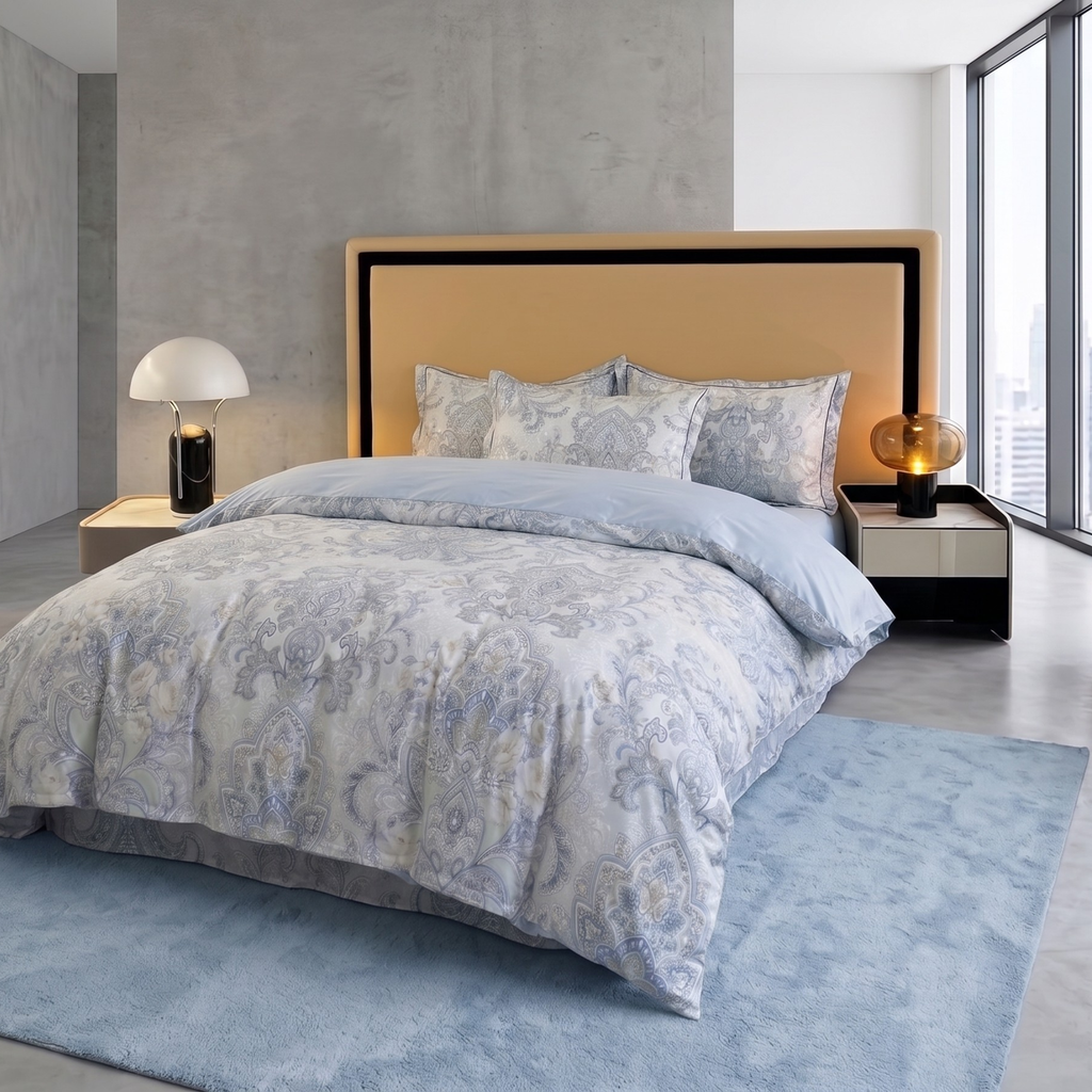 Blue Grey Floral Cotton Bedding Set – Elegant Luxury Duvet Cover & Pillowcases