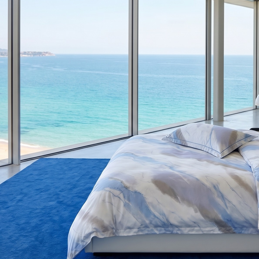 Blue Grey Cotton Bedding Set with Fitted or Flat Sheet – Luxury Modern Minimalist Duvet Cover Set