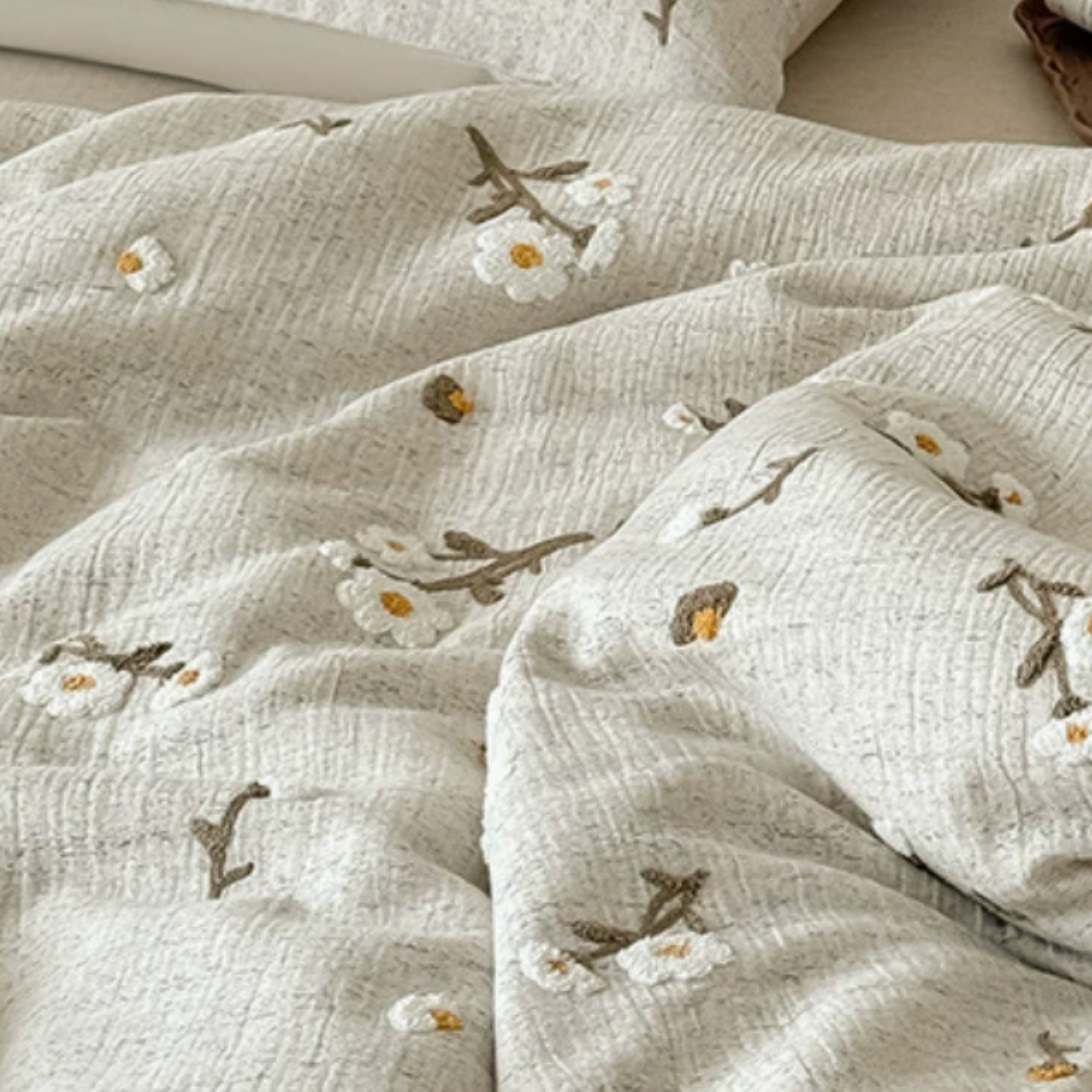 Floral Embroidered Bedding Set, Cotton Linen Duvet Cover, Sheet & Pillowcases