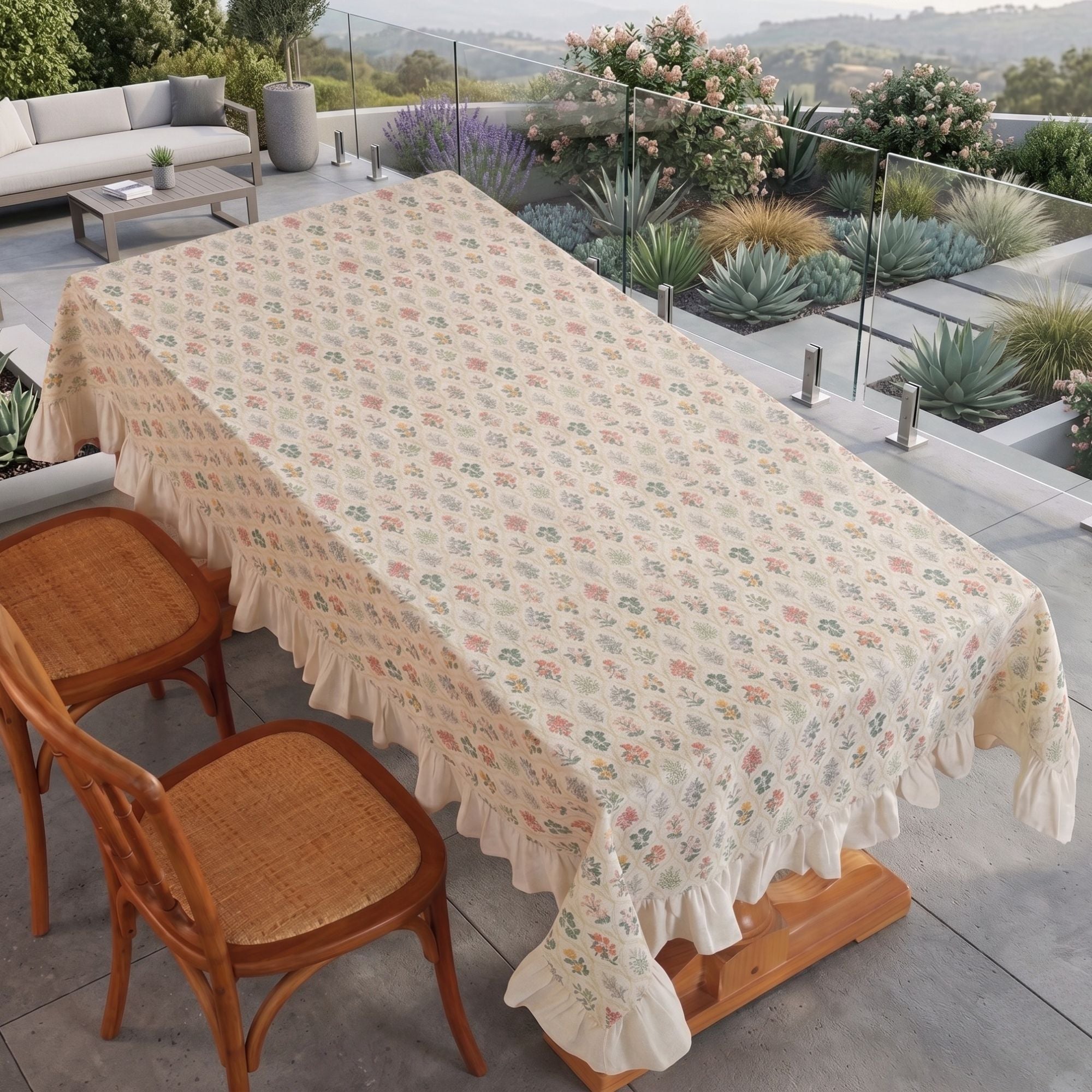 Cotton Linen Ruffle Tablecloth | Farmhouse Cottage Style Table Cover