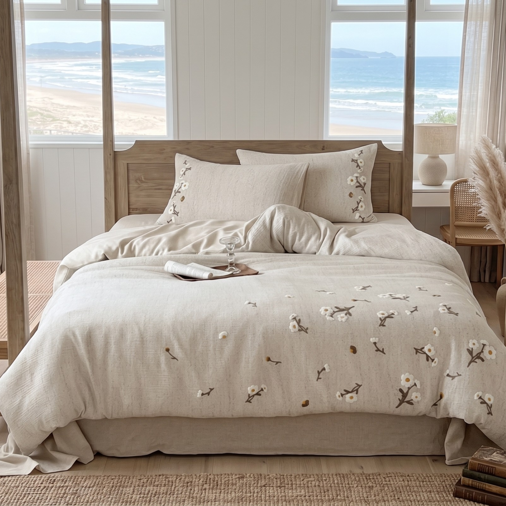 Floral Embroidered Bedding Set, Cotton Linen Duvet Cover, Sheet & Pillowcases
